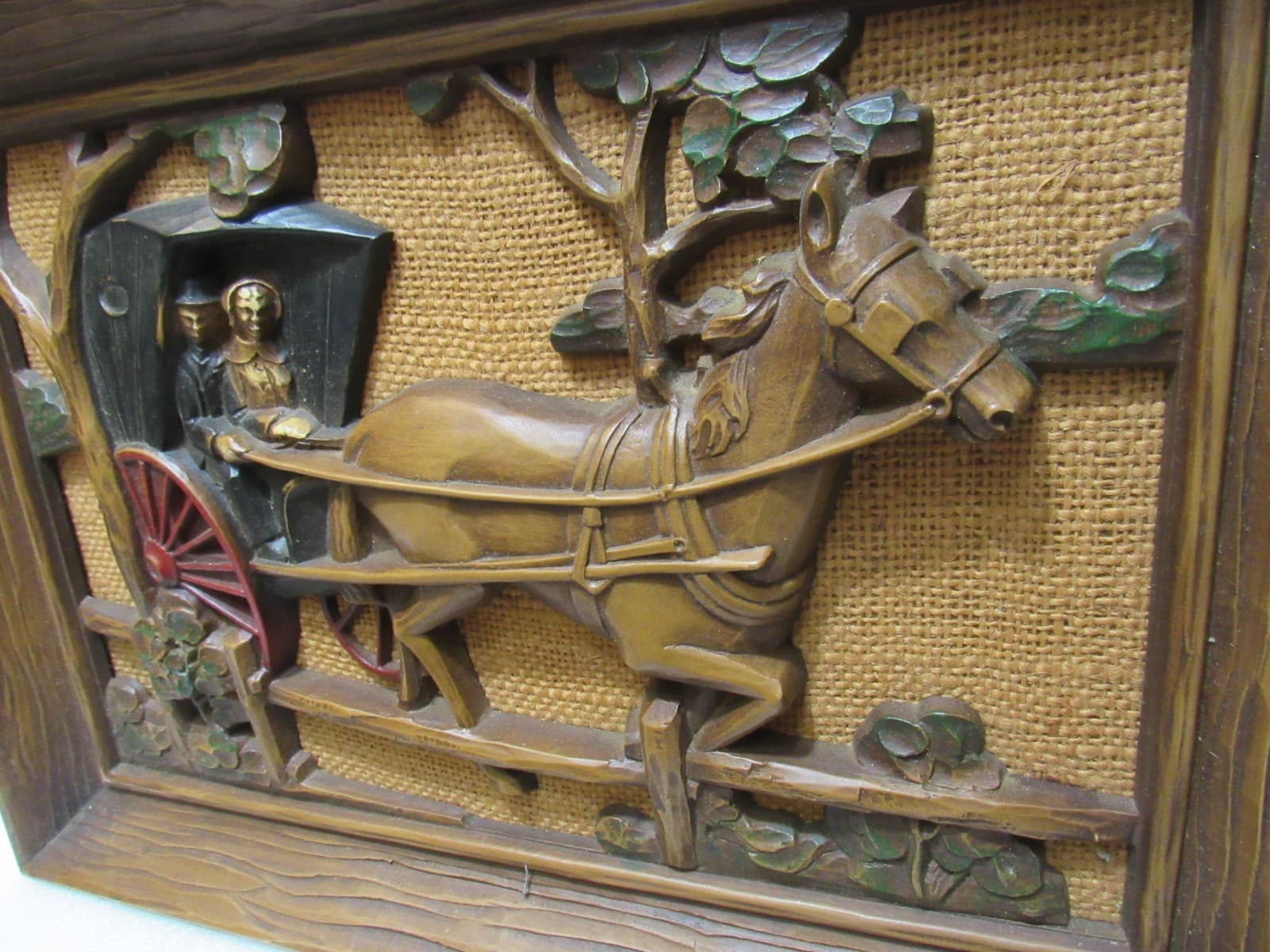 Vintage Syroco Wall Plaque Horse Drawn Carriage 3D F6J - Thumbnail 3