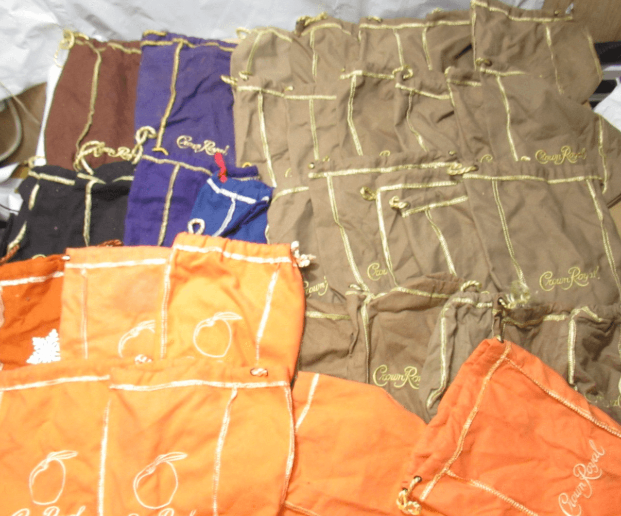 34 Mixed Crown Royal Bags Various Colors/Sizes Peach Snowflake Tan Blk (F4J) - Thumbnail 2