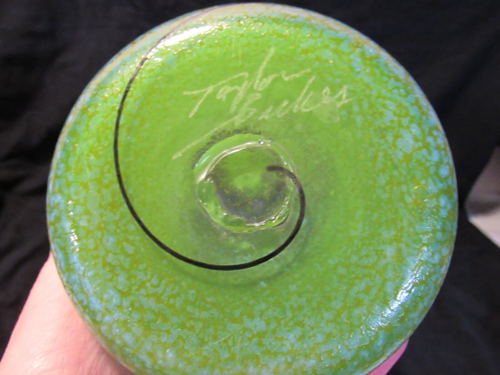 Taylor Backes Hand Blown Art Glass Cylinder Swirl Vase Green Yellow 11" U65S - Thumbnail 6