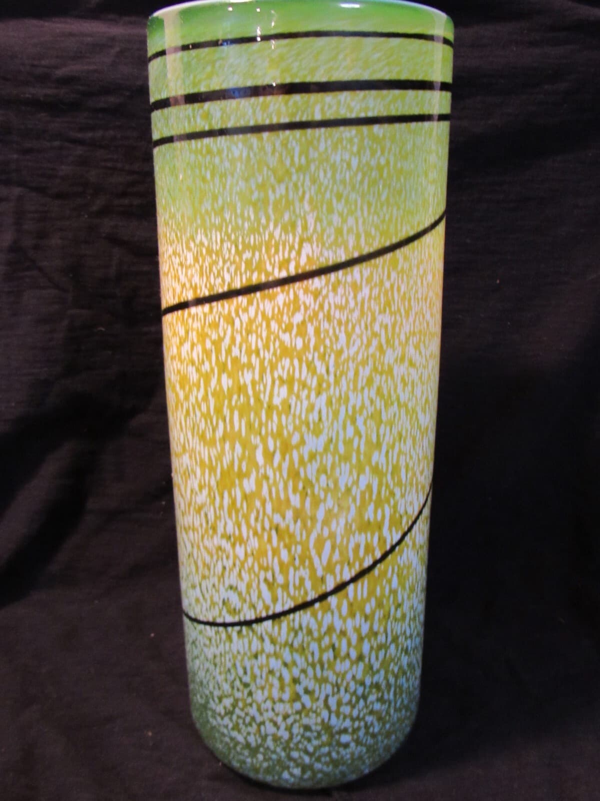 Taylor Backes Hand Blown Art Glass Cylinder Swirl Vase Green Yellow 11" U65S - Thumbnail 2