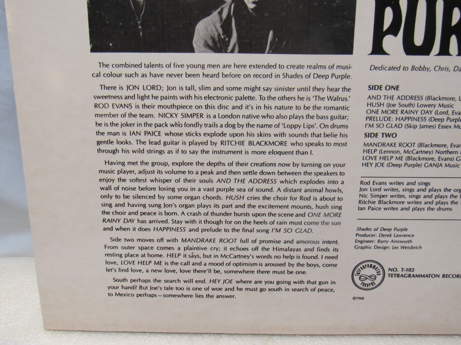 Deep Purple Shades of Deep Purple 1968 Vinyl LP Tetragrammaton T-102 (Y79JJ) - Thumbnail 4