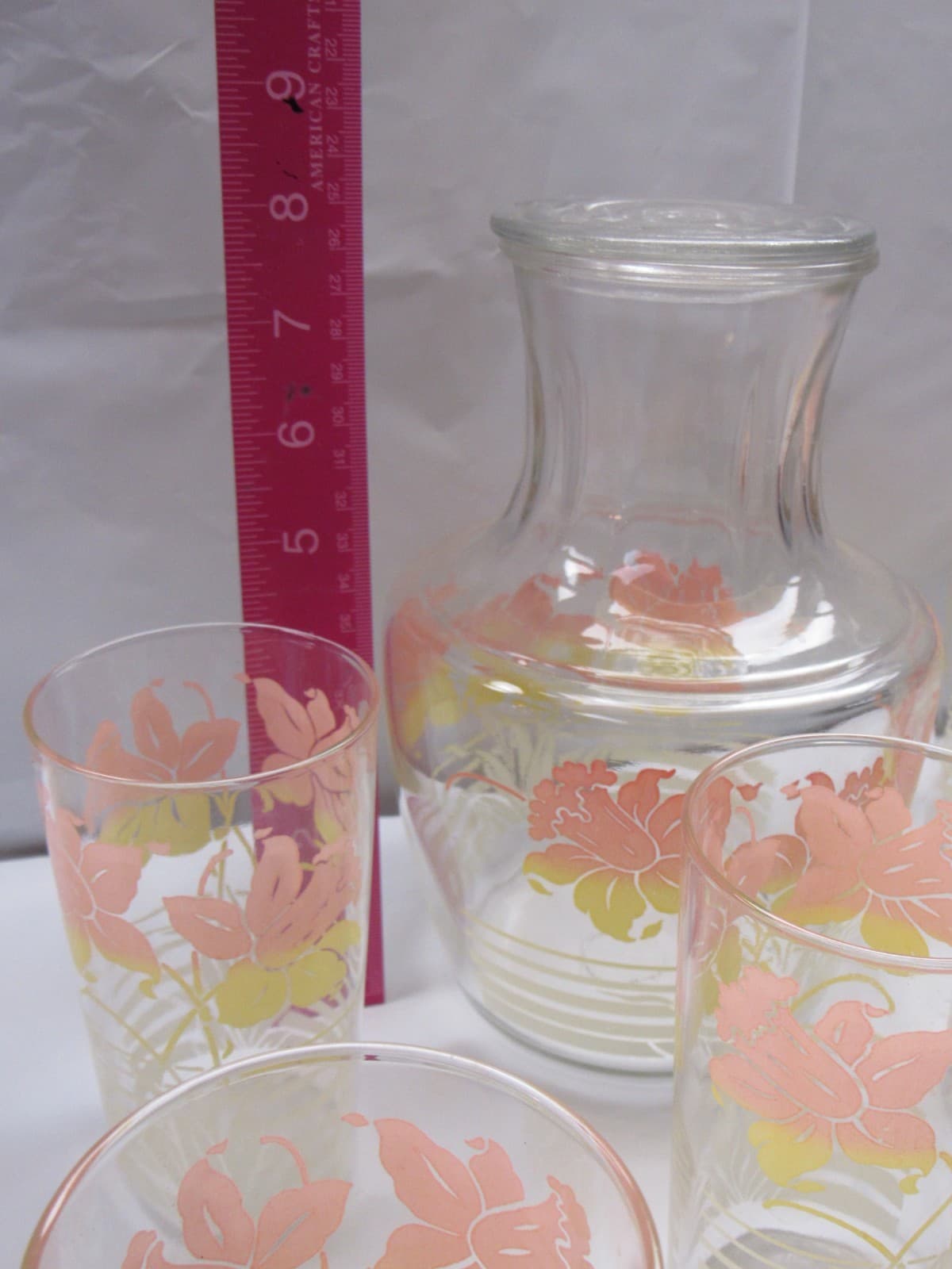 Vintage Anchor Hocking Daffodil Carafe w/Glass Lid and 10 Glasses Tumblers K47JJ - Thumbnail 9
