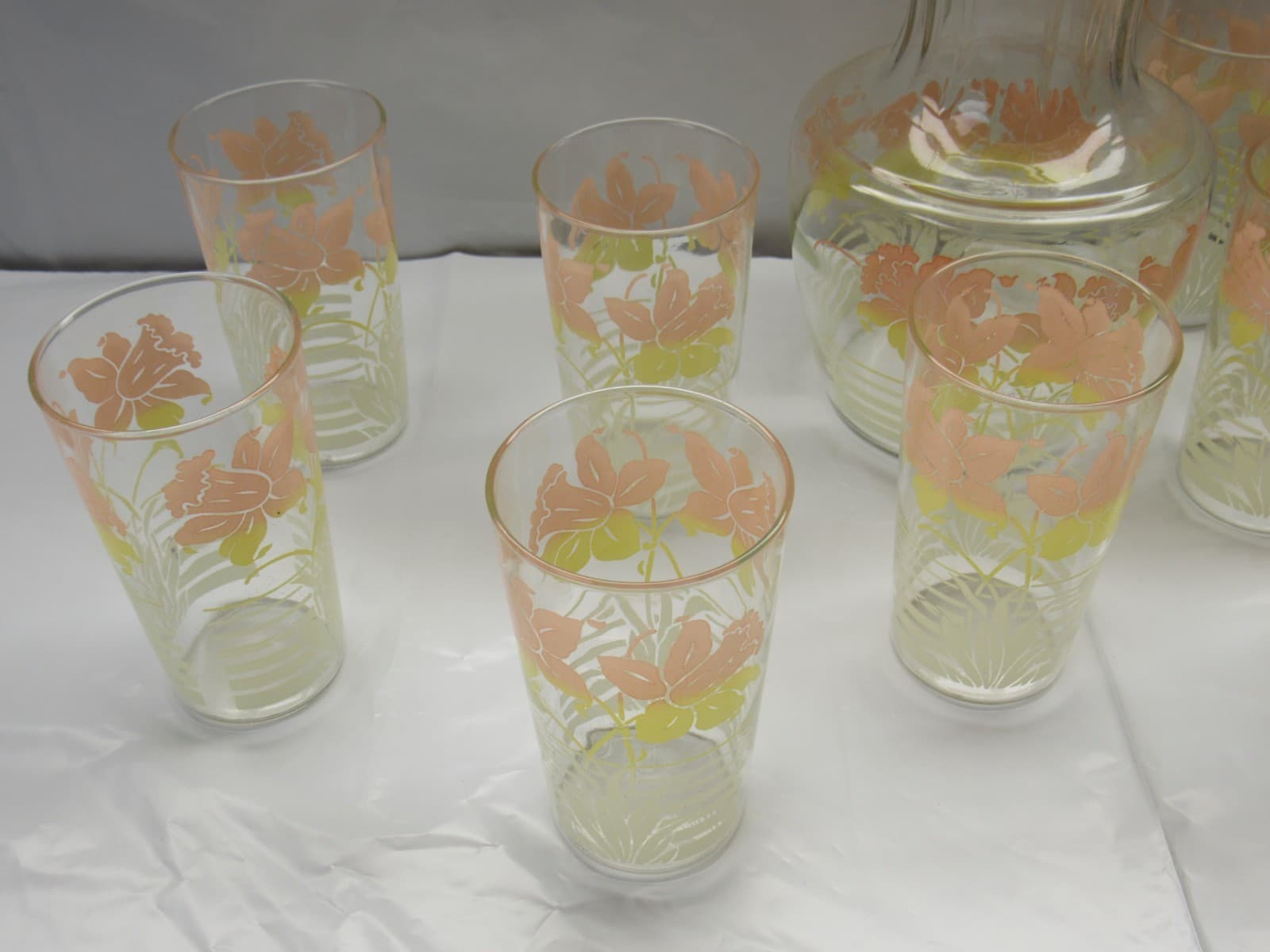 Vintage Anchor Hocking Daffodil Carafe w/Glass Lid and 10 Glasses Tumblers K47JJ - Thumbnail 6