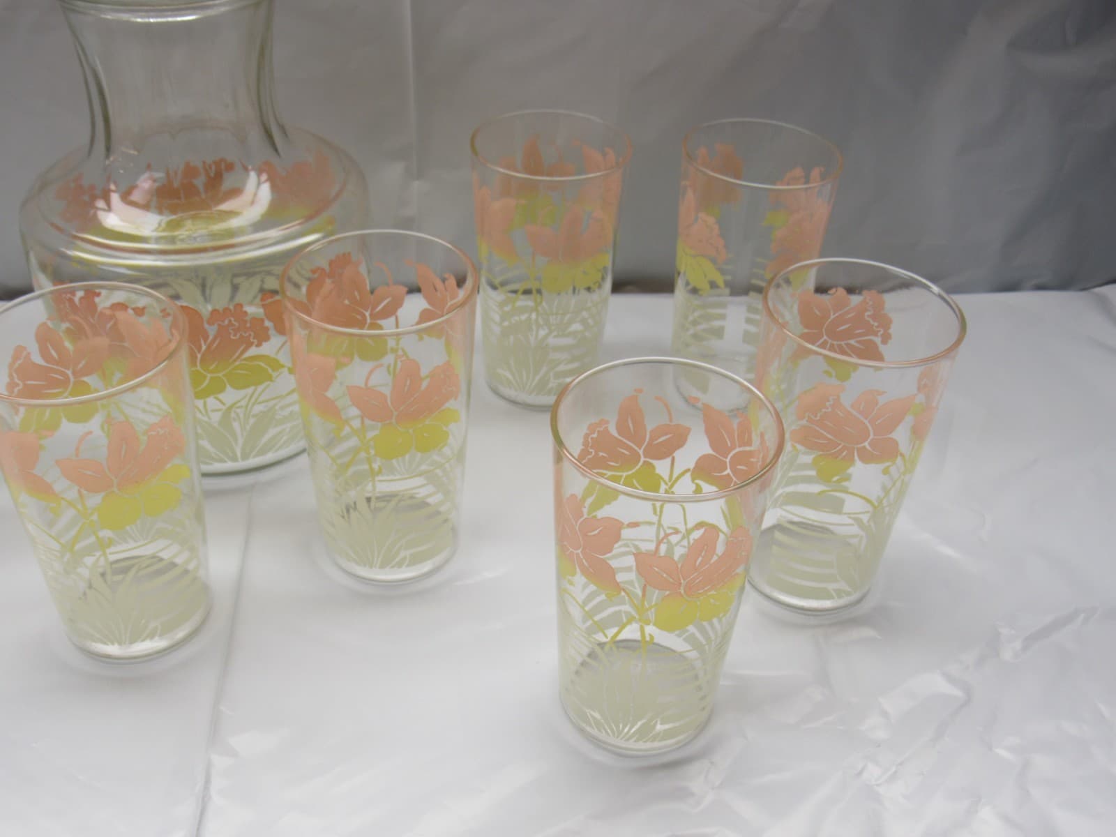 Vintage Anchor Hocking Daffodil Carafe w/Glass Lid and 10 Glasses Tumblers K47JJ - Thumbnail 7