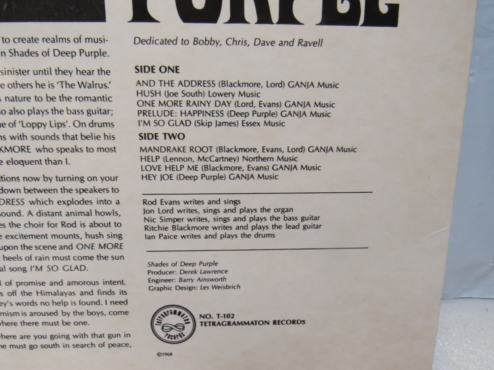 Deep Purple Shades of Deep Purple 1968 Vinyl LP Tetragrammaton T-102 (Y79JJ) - Thumbnail 3