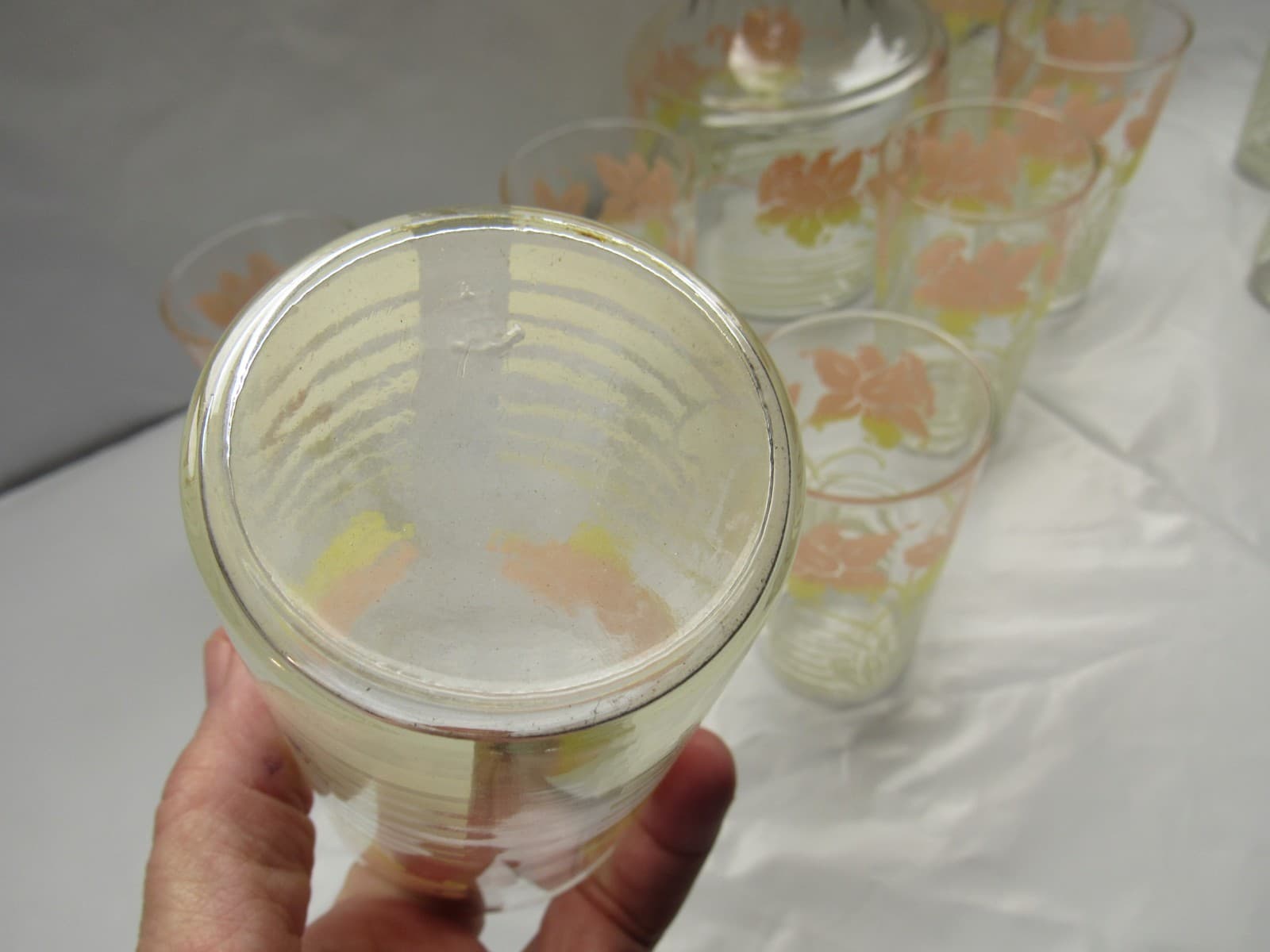 Vintage Anchor Hocking Daffodil Carafe w/Glass Lid and 10 Glasses Tumblers K47JJ - Thumbnail 11