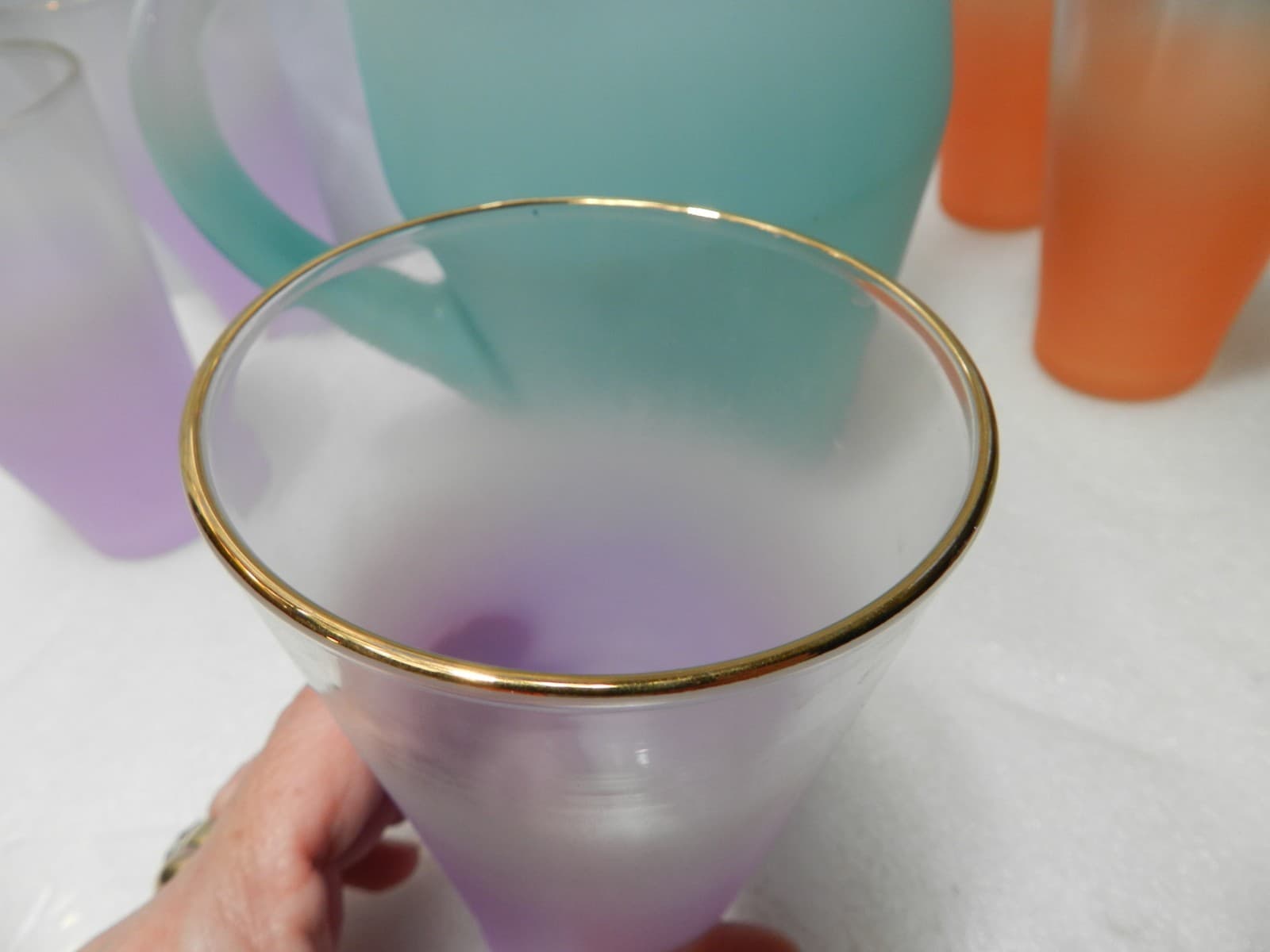 Vintage Blendo Frosted Pitcher & Tumbler Set West Virginia Glass MCM F18J - Thumbnail 6