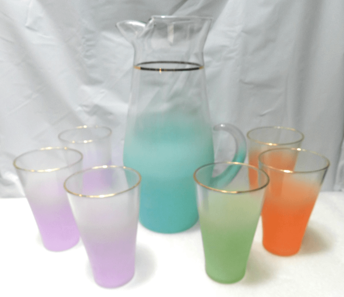 Vintage Blendo Frosted Pitcher & Tumbler Set West Virginia Glass MCM F18J