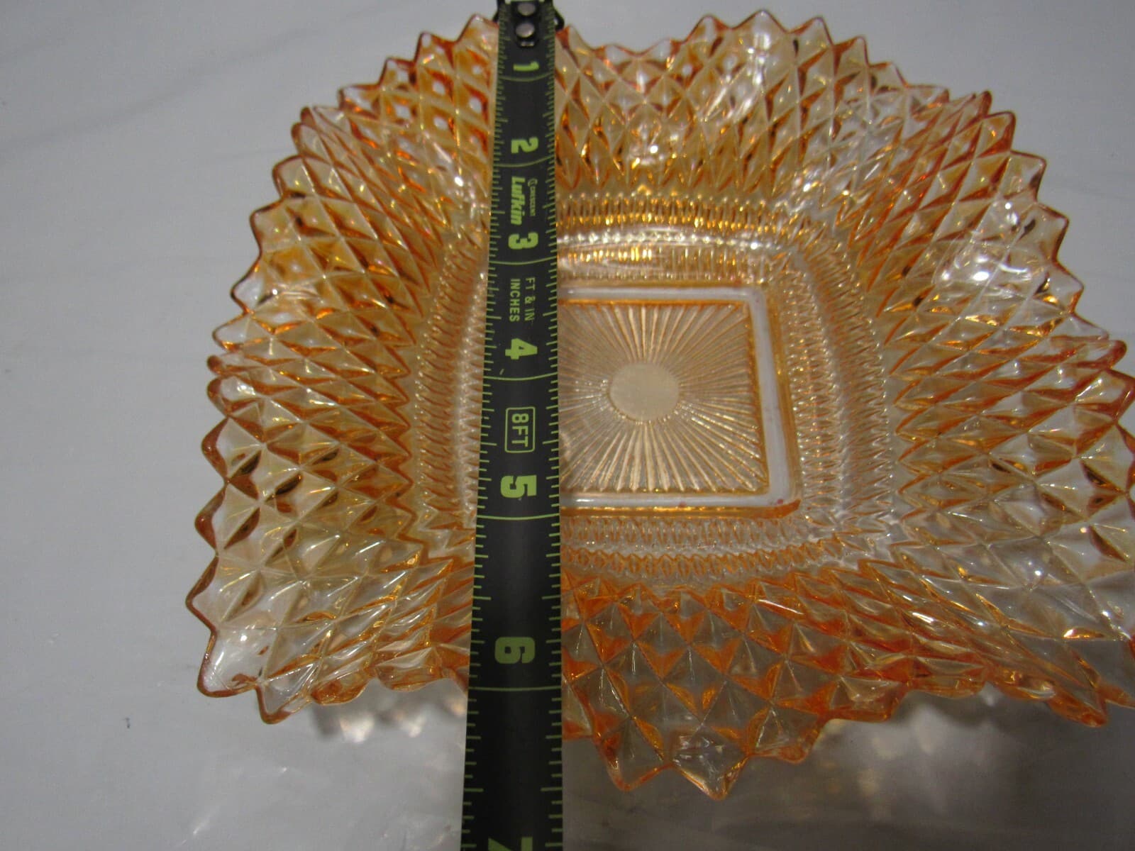 Amber Diamond Point Pattern Ruffled Edge Indiana Pressed Glass Candy Dish (O34M) - Thumbnail 11