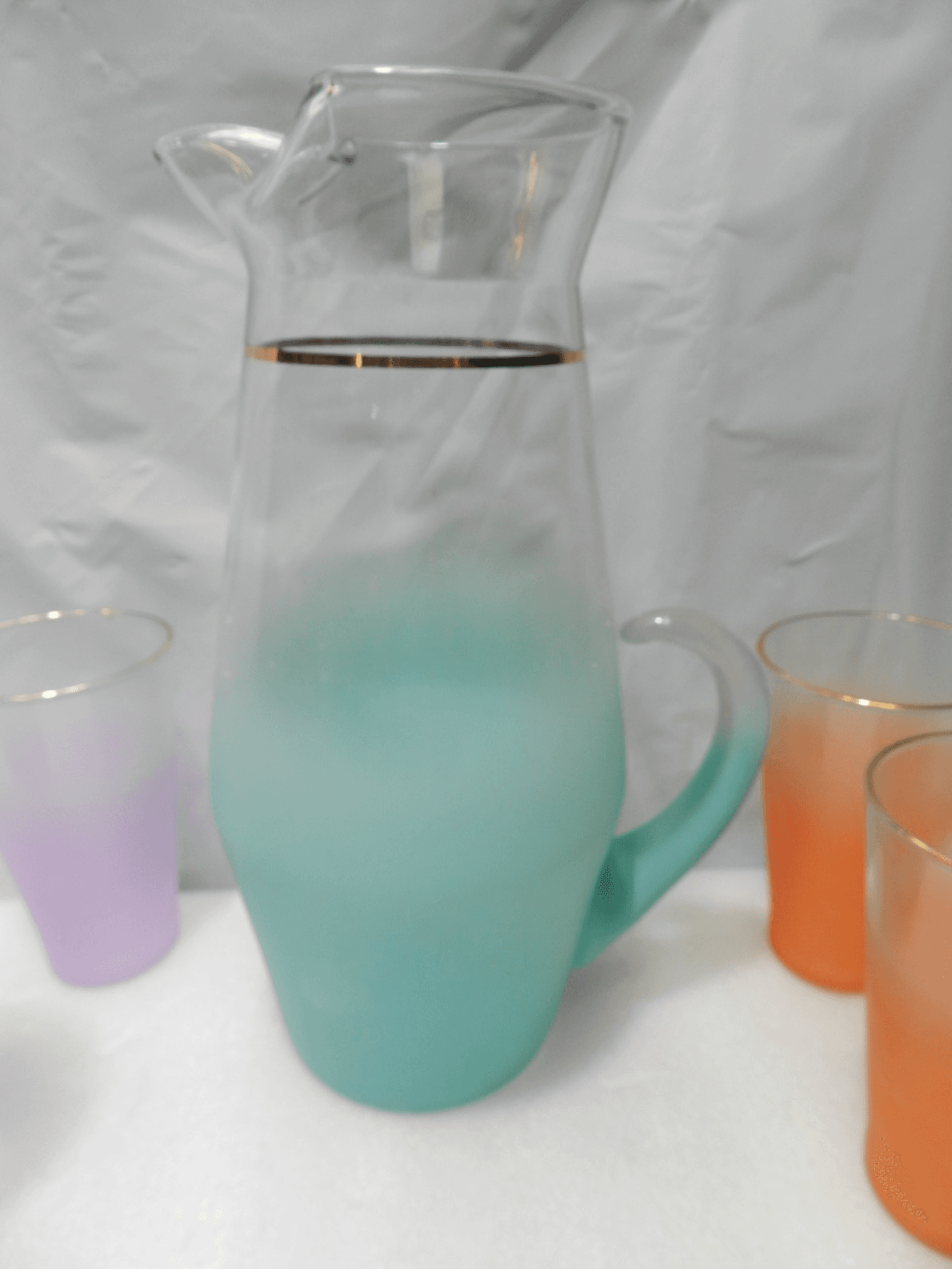 Vintage Blendo Frosted Pitcher & Tumbler Set West Virginia Glass MCM F18J - Thumbnail 3