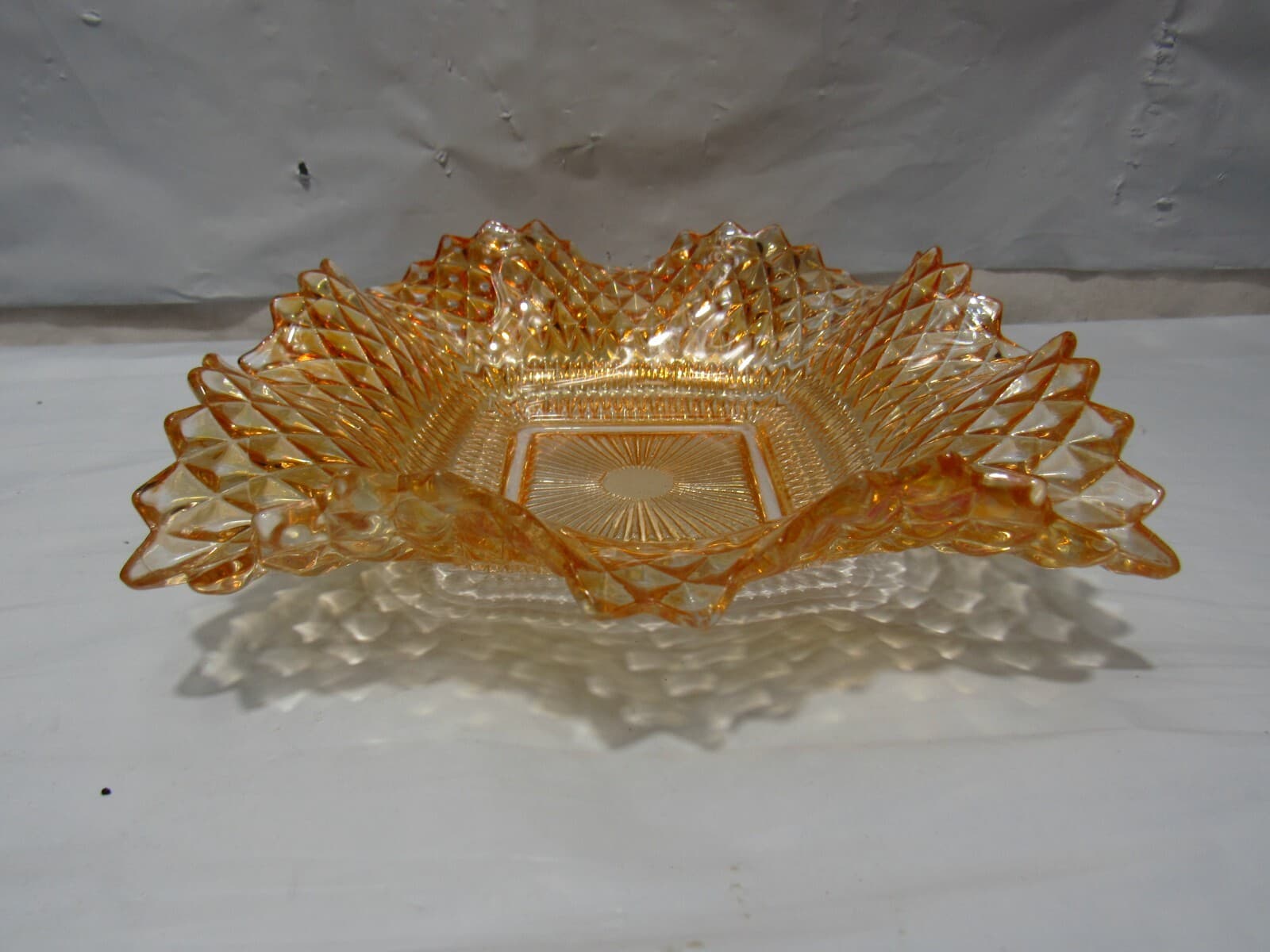 Amber Diamond Point Pattern Ruffled Edge Indiana Pressed Glass Candy Dish (O34M) - Thumbnail 9