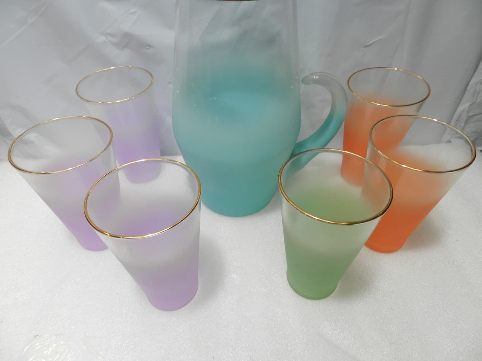 Vintage Blendo Frosted Pitcher & Tumbler Set West Virginia Glass MCM F18J - Thumbnail 2