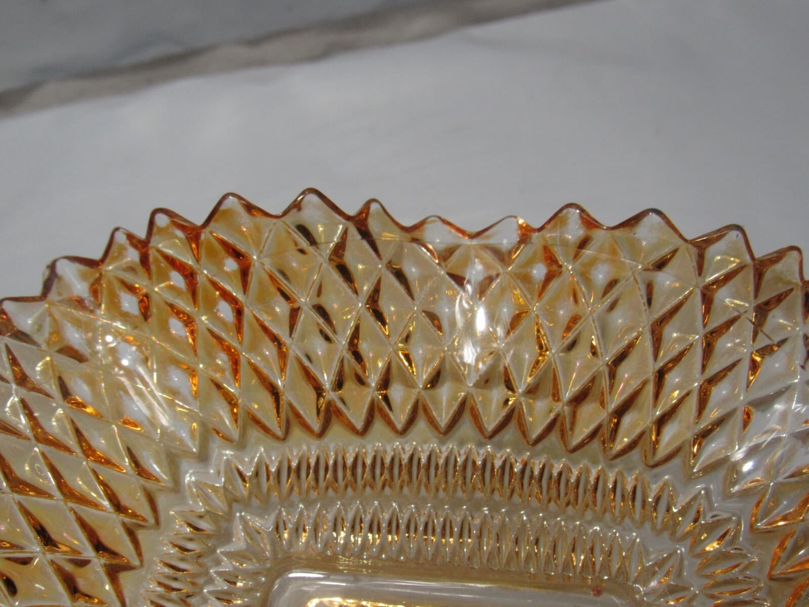 Amber Diamond Point Pattern Ruffled Edge Indiana Pressed Glass Candy Dish (O34M) - Thumbnail 8
