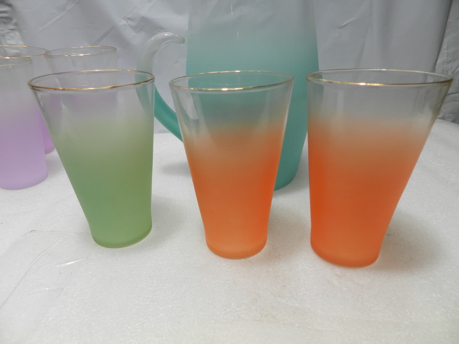 Vintage Blendo Frosted Pitcher & Tumbler Set West Virginia Glass MCM F18J - Thumbnail 11