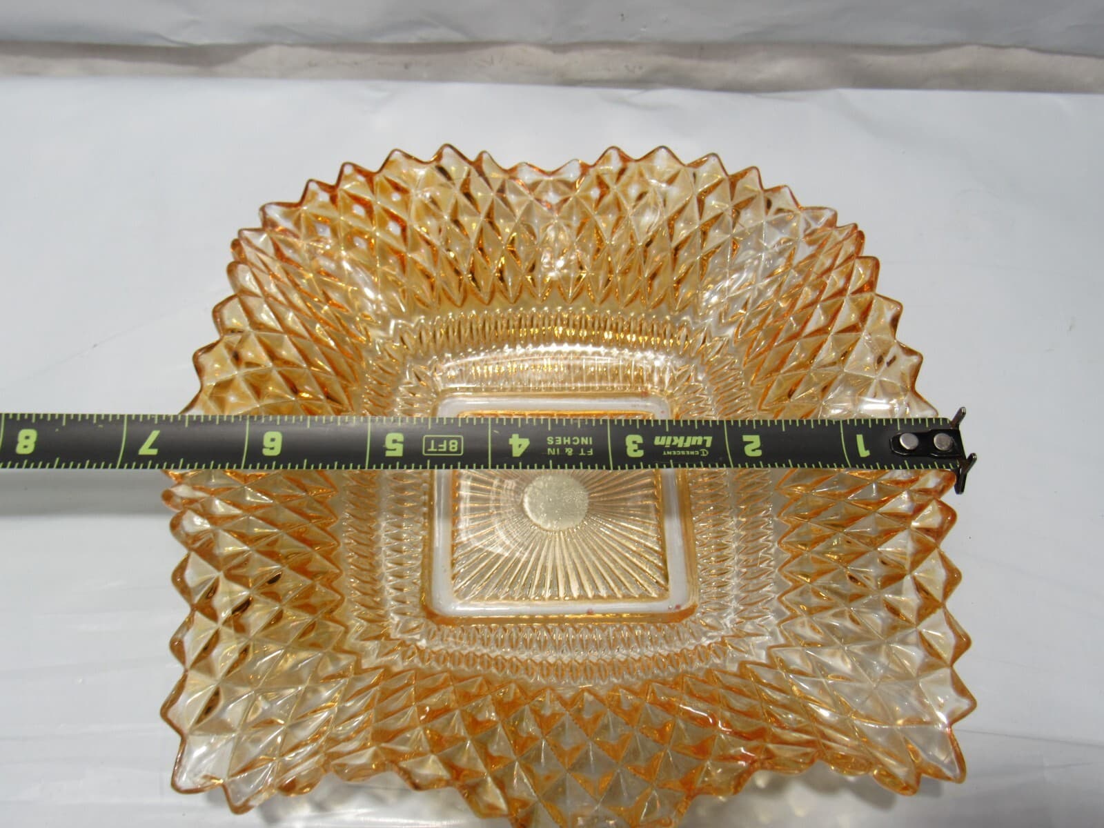 Amber Diamond Point Pattern Ruffled Edge Indiana Pressed Glass Candy Dish (O34M) - Thumbnail 6