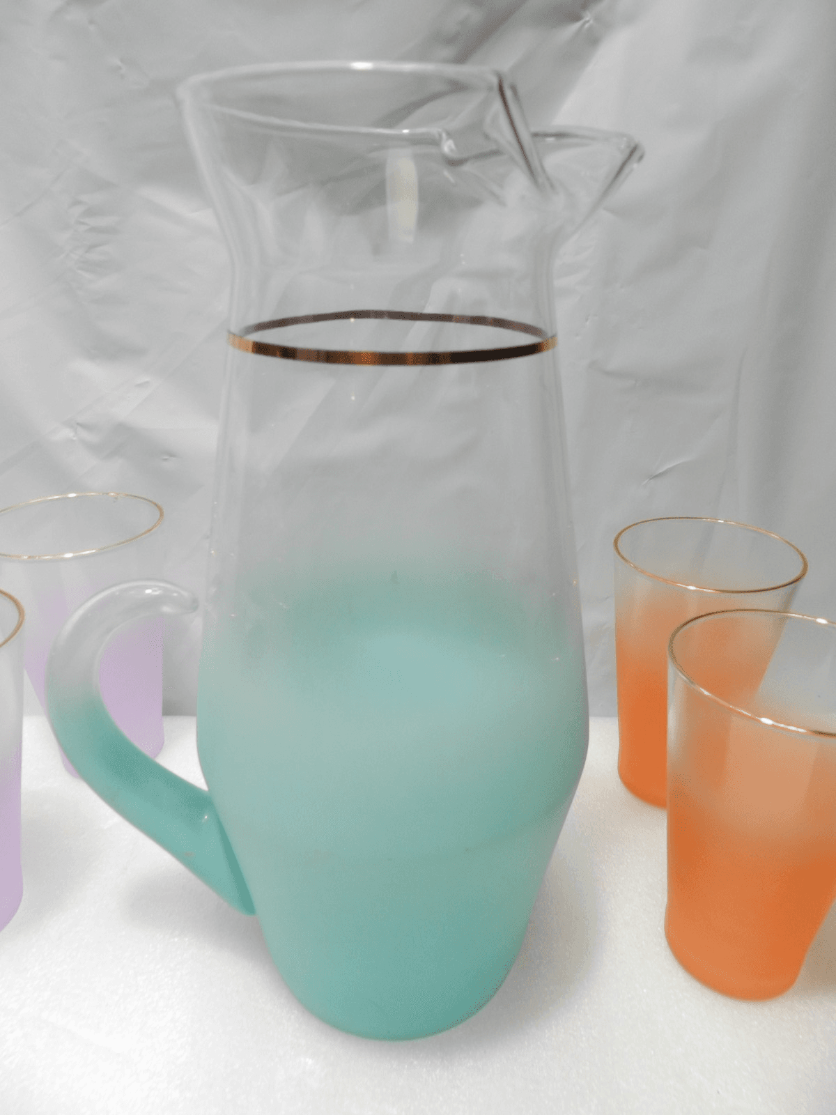 Vintage Blendo Frosted Pitcher & Tumbler Set West Virginia Glass MCM F18J - Thumbnail 4