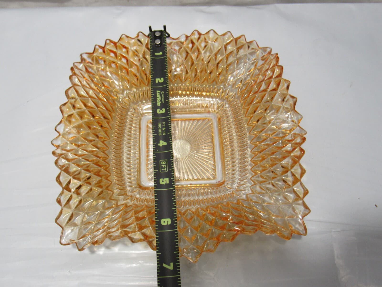 Amber Diamond Point Pattern Ruffled Edge Indiana Pressed Glass Candy Dish (O34M) - Thumbnail 5