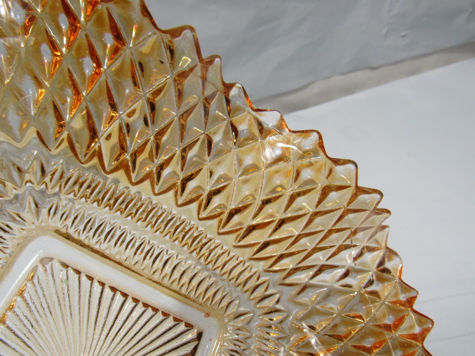 Amber Diamond Point Pattern Ruffled Edge Indiana Pressed Glass Candy Dish (O34M) - Thumbnail 10
