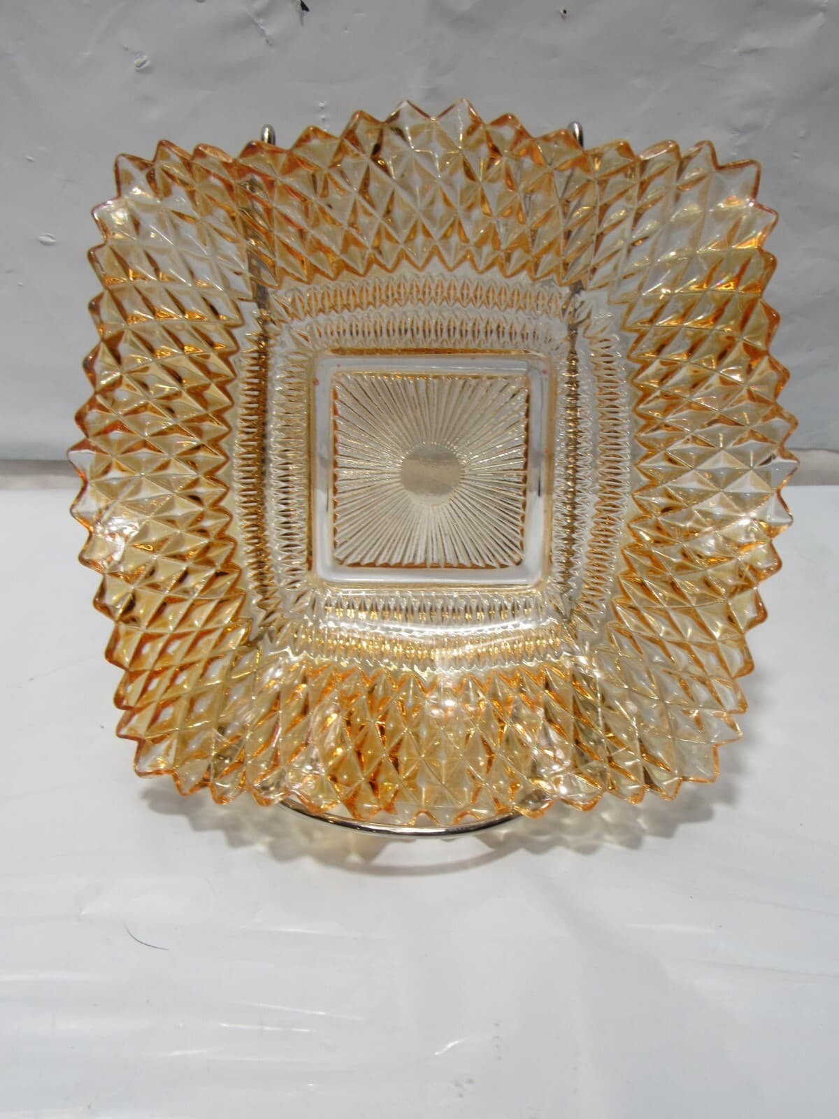 Amber Diamond Point Pattern Ruffled Edge Indiana Pressed Glass Candy Dish (O34M) - Thumbnail 2
