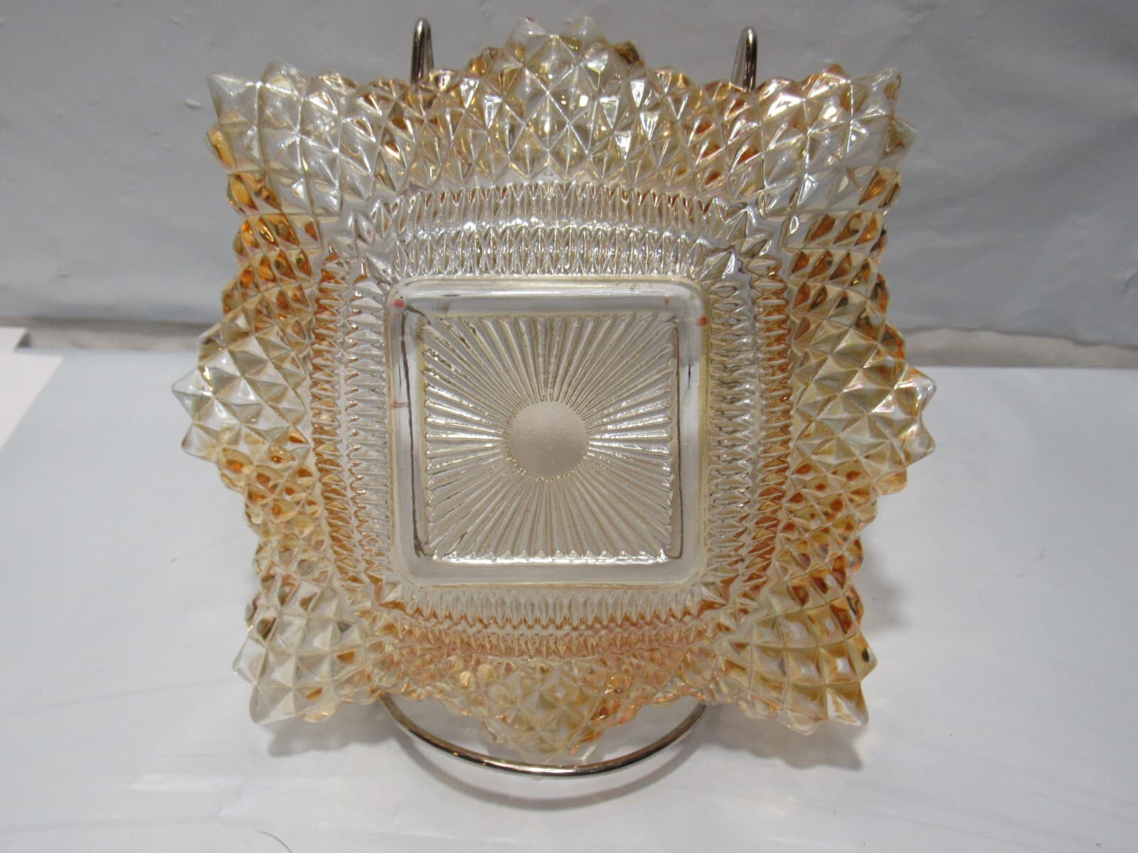 Amber Diamond Point Pattern Ruffled Edge Indiana Pressed Glass Candy Dish (O34M) - Thumbnail 3