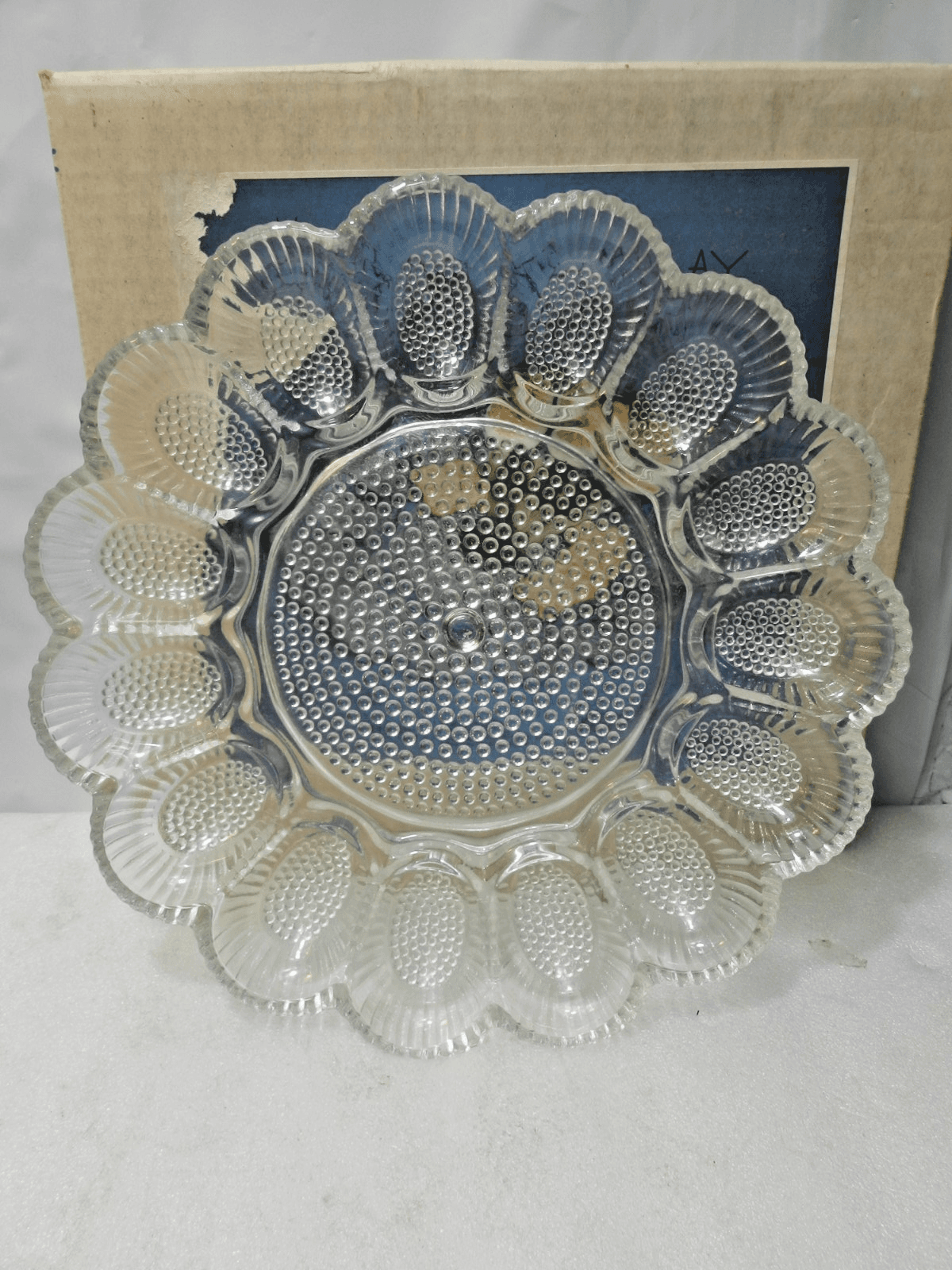 VTG Indiana Glass Deviled Egg Relish Tray 2410 Crystal 11" Diameter w Box L38J - Thumbnail 3