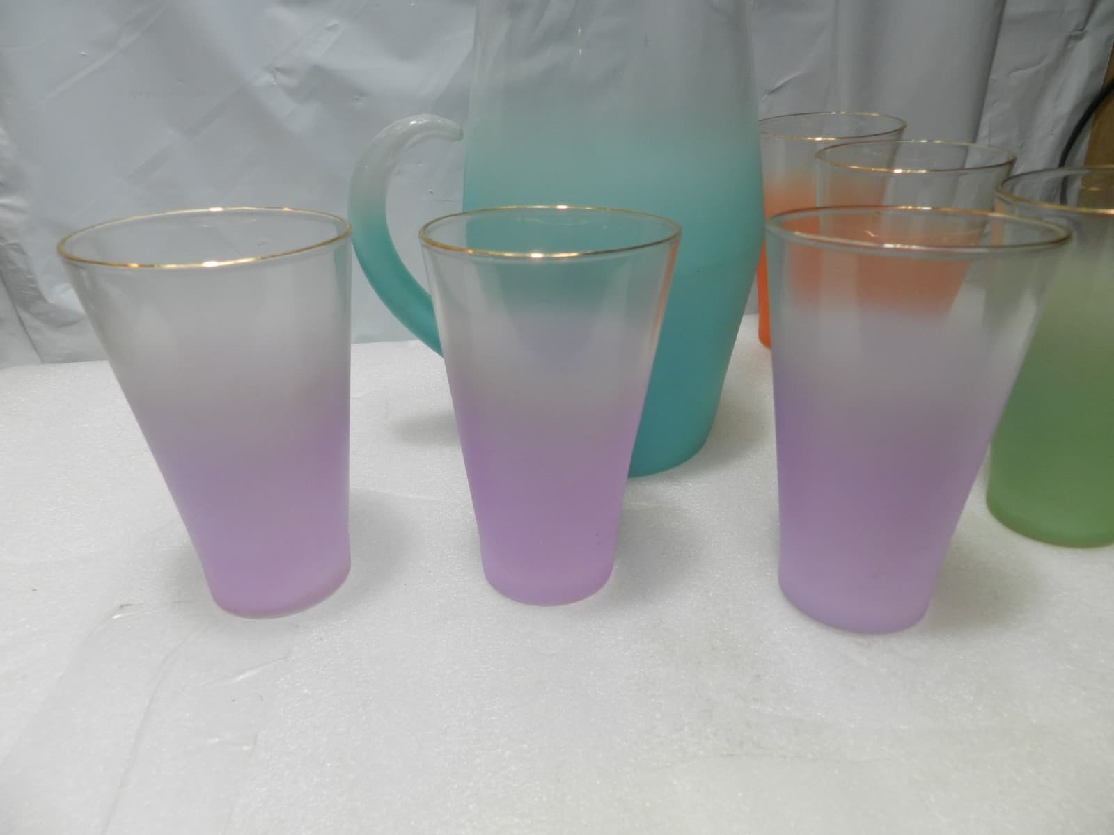 Vintage Blendo Frosted Pitcher & Tumbler Set West Virginia Glass MCM F18J - Thumbnail 10
