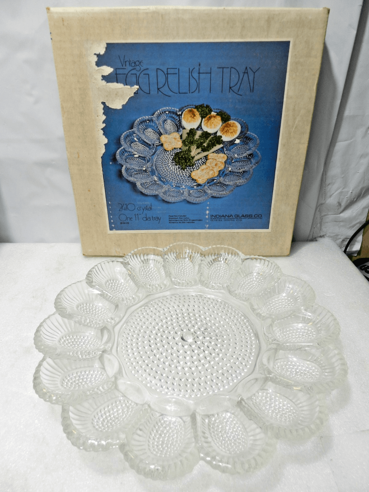 VTG Indiana Glass Deviled Egg Relish Tray 2410 Crystal 11" Diameter w Box L38J