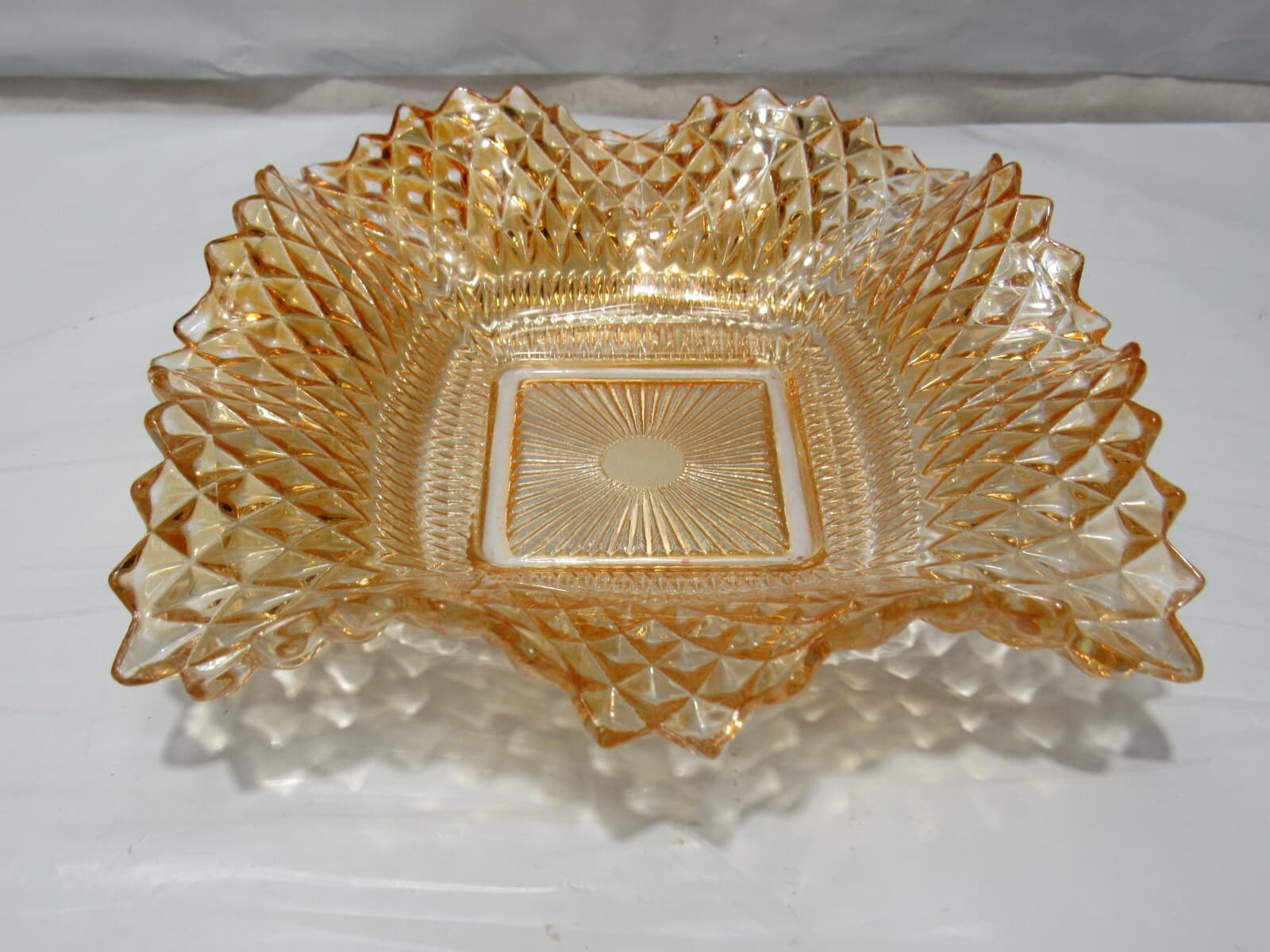 Amber Diamond Point Pattern Ruffled Edge Indiana Pressed Glass Candy Dish (O34M) - Thumbnail 4
