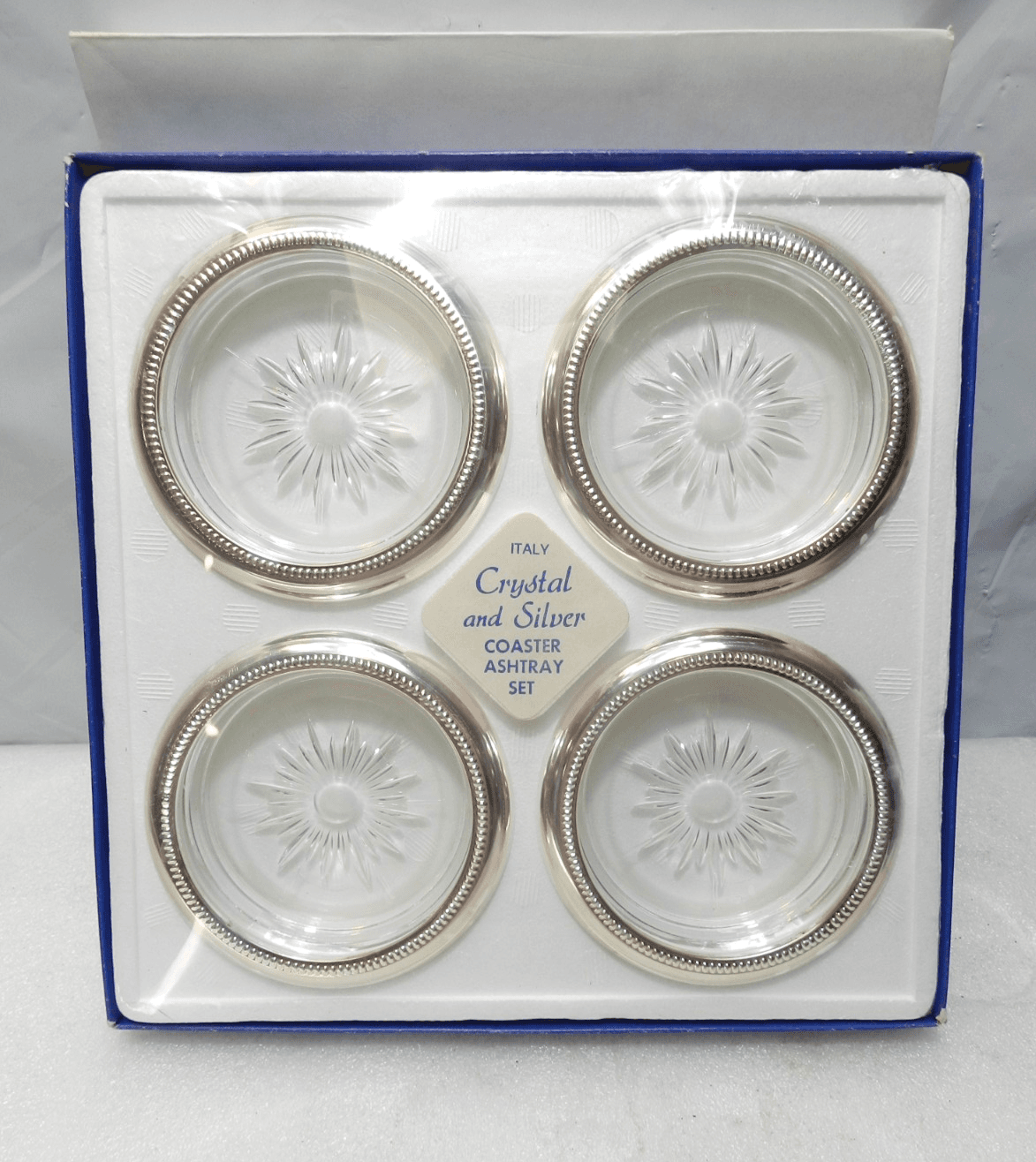 Vintage Leonord Crystal & Silver Coaster Ashtray Set Factory Sealed (G67J