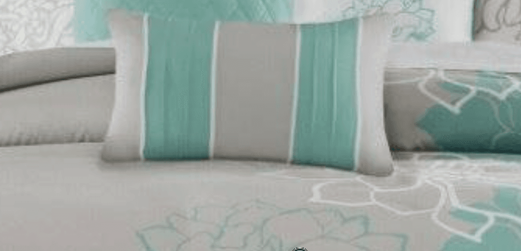New Madison Park Lola 2 pcs Floral Geometric Comforter Set Queen Aqua Gray i82M - Thumbnail 2