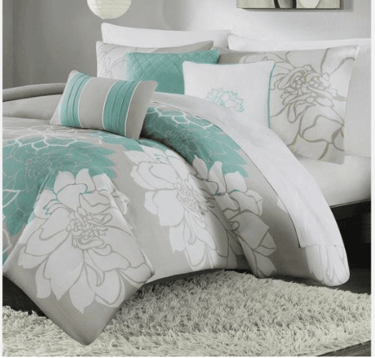 New Madison Park Lola 2 pcs Floral Geometric Comforter Set Queen Aqua Gray i82M - Thumbnail 3