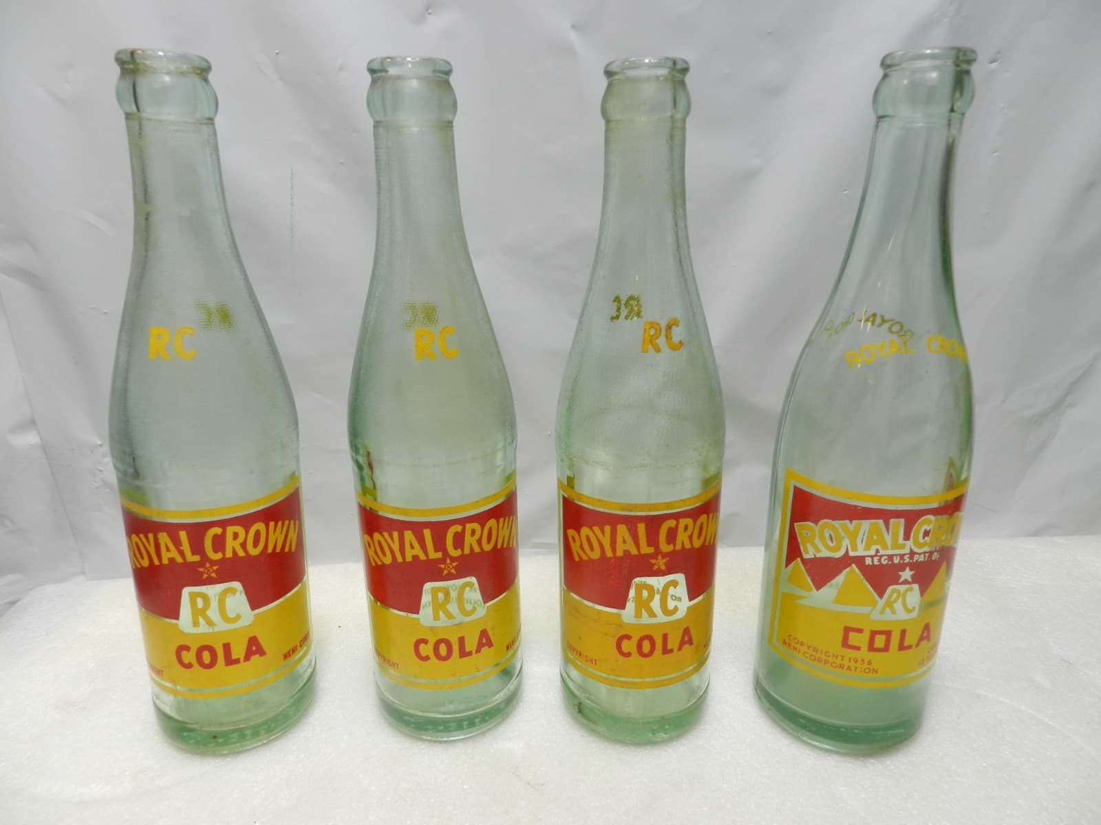 4 Vintage RC Royal Crown Cola Bottle Green Glass 10 oz , 1950s 60's (D25J)