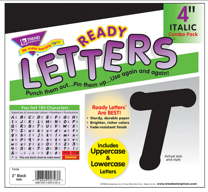 TREND® Ready Letters Italic Combo Set, Black, 4"h T-2703 Homeschool (K85J)