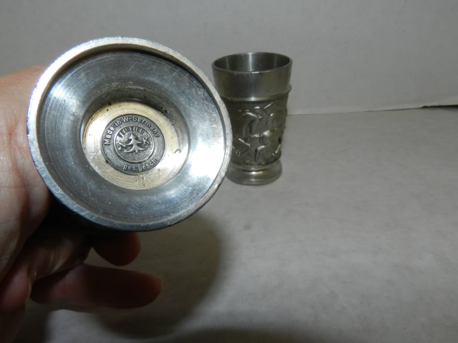 Feinzinn GES.GESCH. NK W Germany Pewter Footed Shot Glass FEIN ZINN Pair T28K - Thumbnail 7
