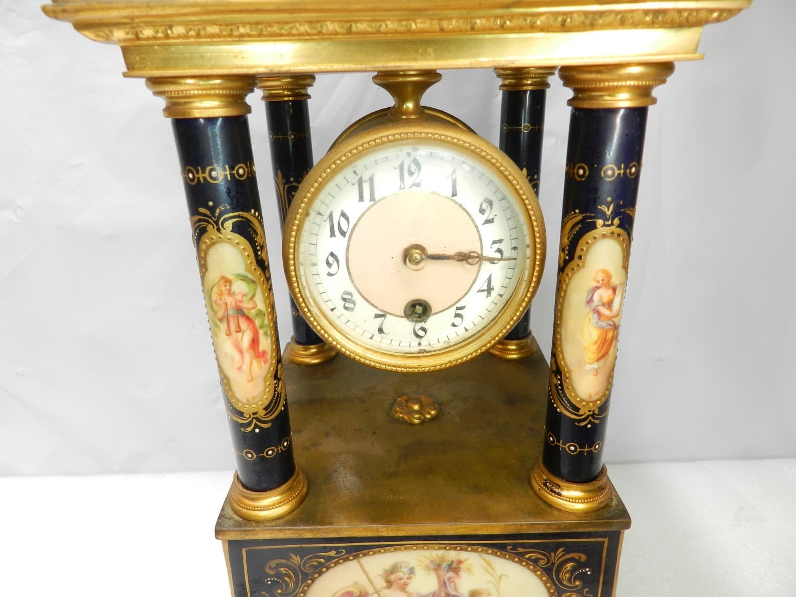 Vintage Royal Vienna Cobalt Porcelain Four-Column Portico Mantle Clock (F42JJ) - Thumbnail 3