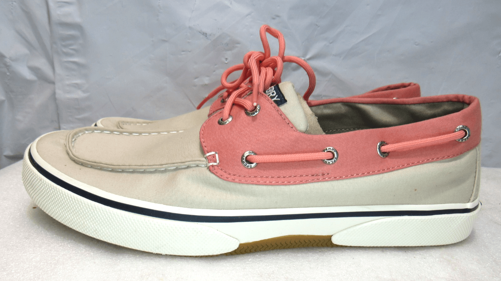 Sperry Mens Top-Sider Bahama STS 19240 Canvas Tan & Coral Boat Shoes SZ 11.5 J59