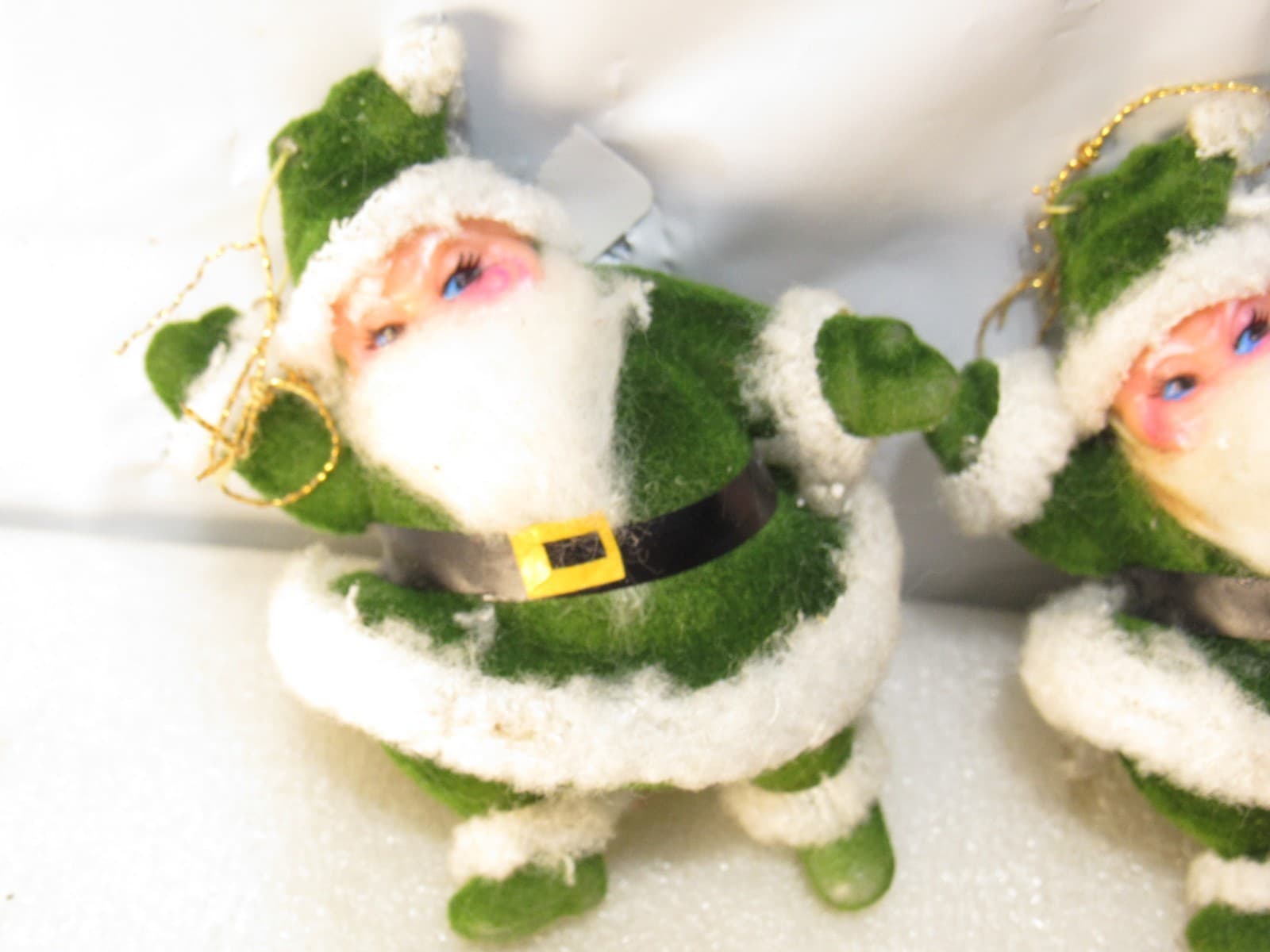 2 Vtg GREEN DANCING SANTA CLAUS Flocked Christmas Ornament Soft Plastic 4" D54JJ - Thumbnail 2