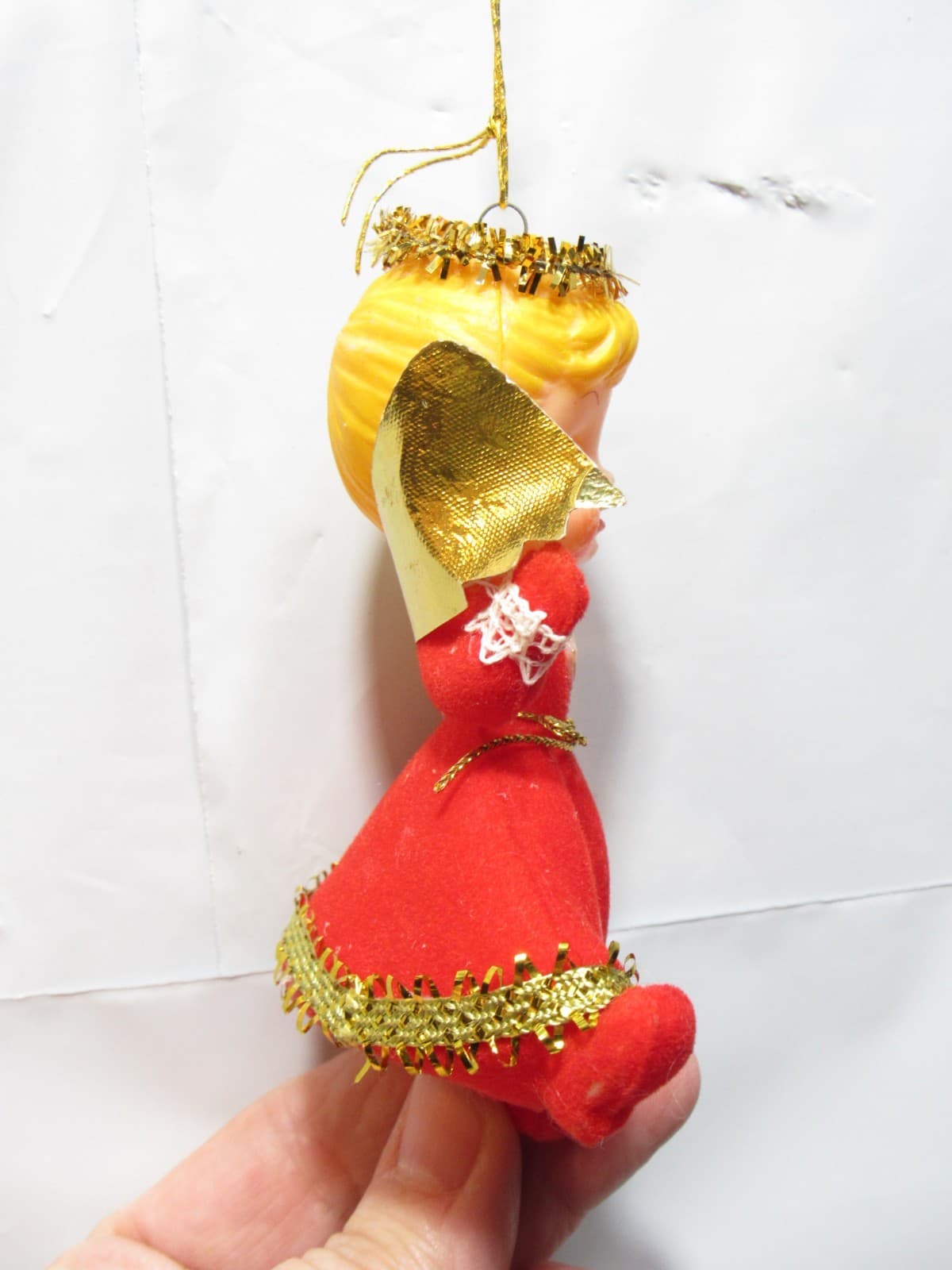 Vintage Christmas Felt Angel Flocked Ornament Japan 4" Red Dress (D49JJ) - Thumbnail 4