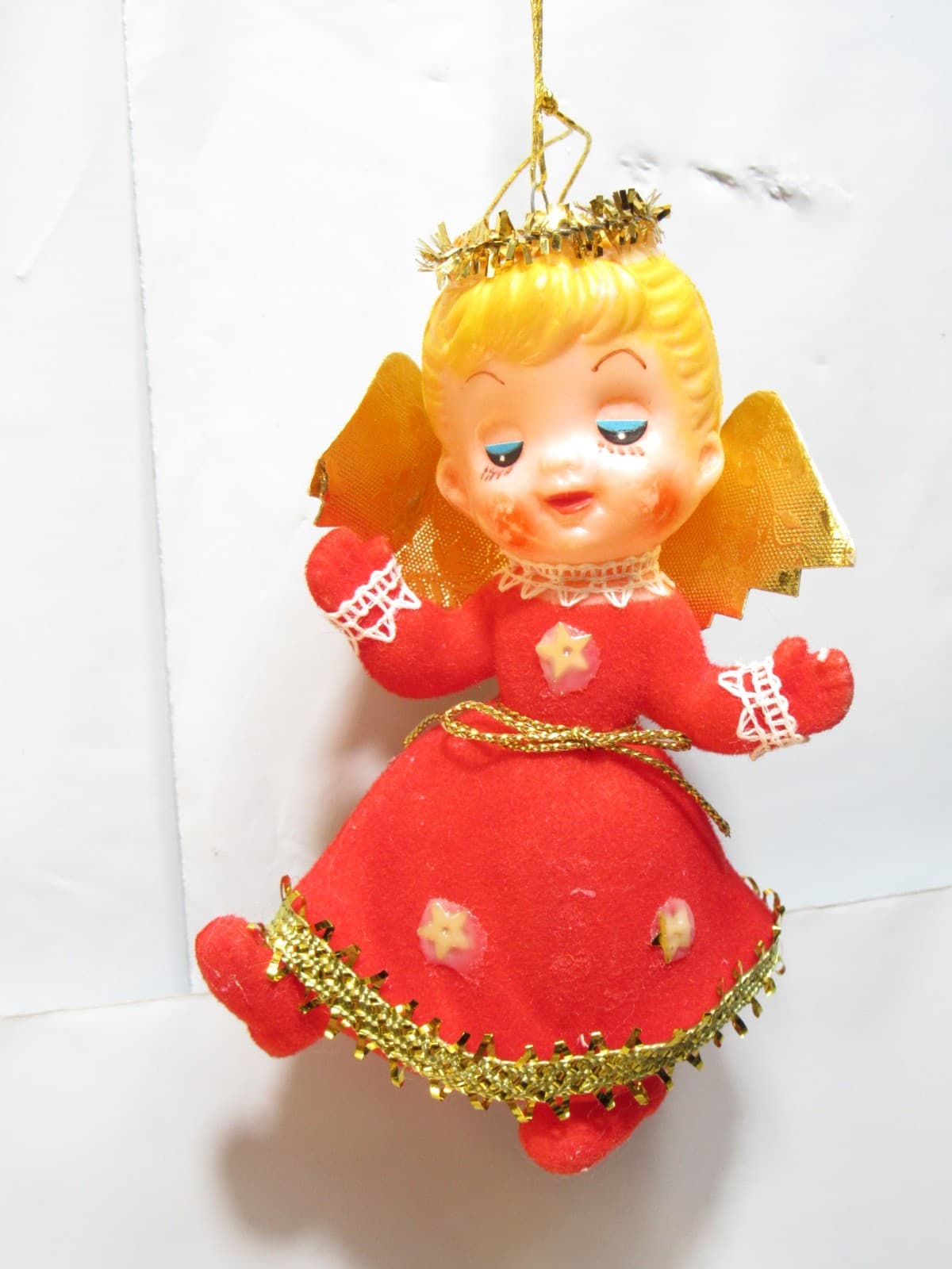 Vintage Christmas Felt Angel Flocked Ornament Japan 4" Red Dress (D49JJ)