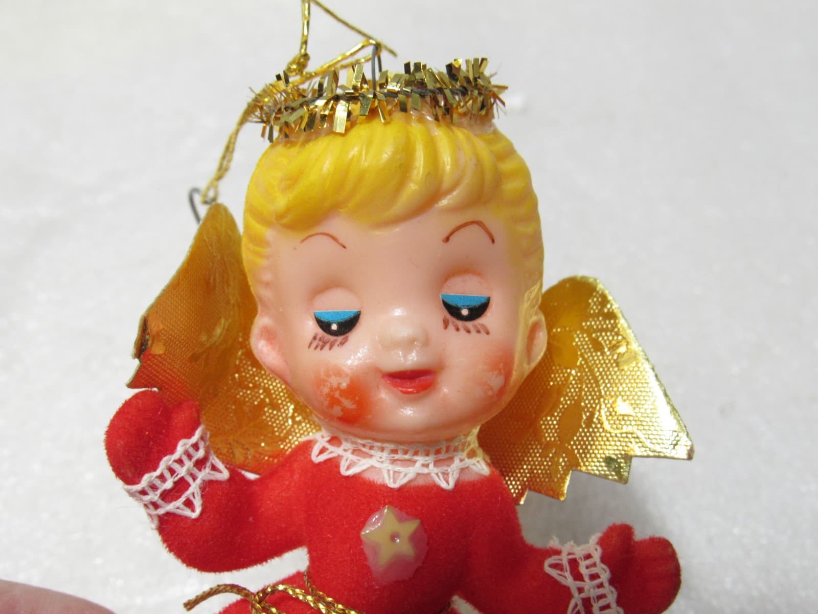 Vintage Christmas Felt Angel Flocked Ornament Japan 4" Red Dress (D49JJ) - Thumbnail 10