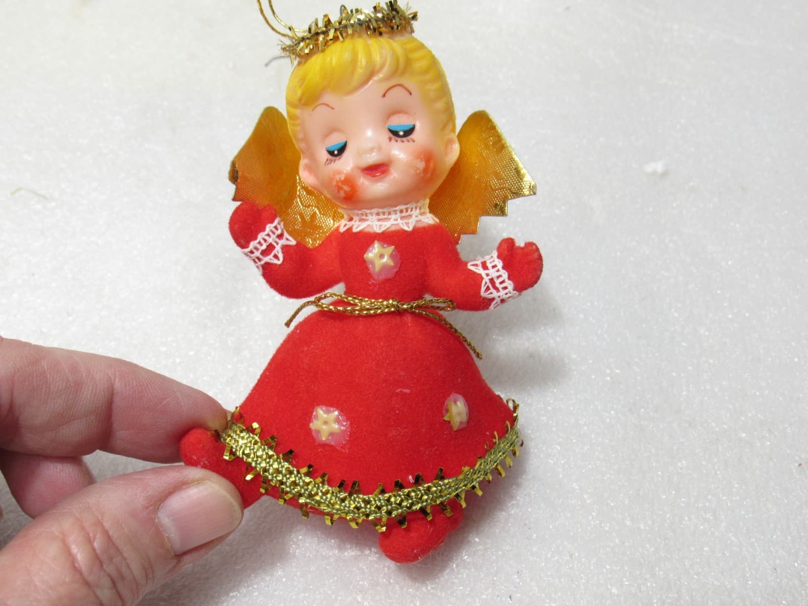 Vintage Christmas Felt Angel Flocked Ornament Japan 4" Red Dress (D49JJ) - Thumbnail 6