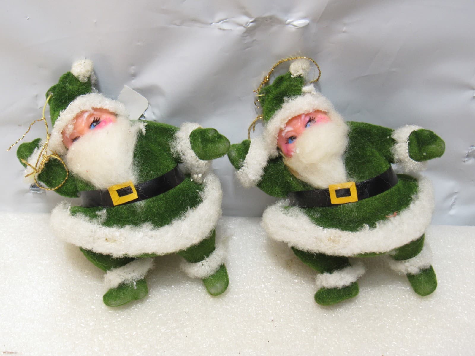 2 Vtg GREEN DANCING SANTA CLAUS Flocked Christmas Ornament Soft Plastic 4" D54JJ