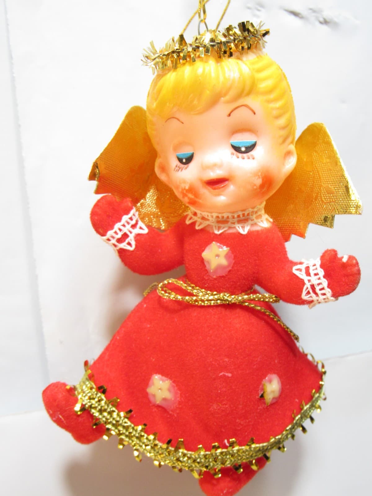 Vintage Christmas Felt Angel Flocked Ornament Japan 4" Red Dress (D49JJ) - Thumbnail 2