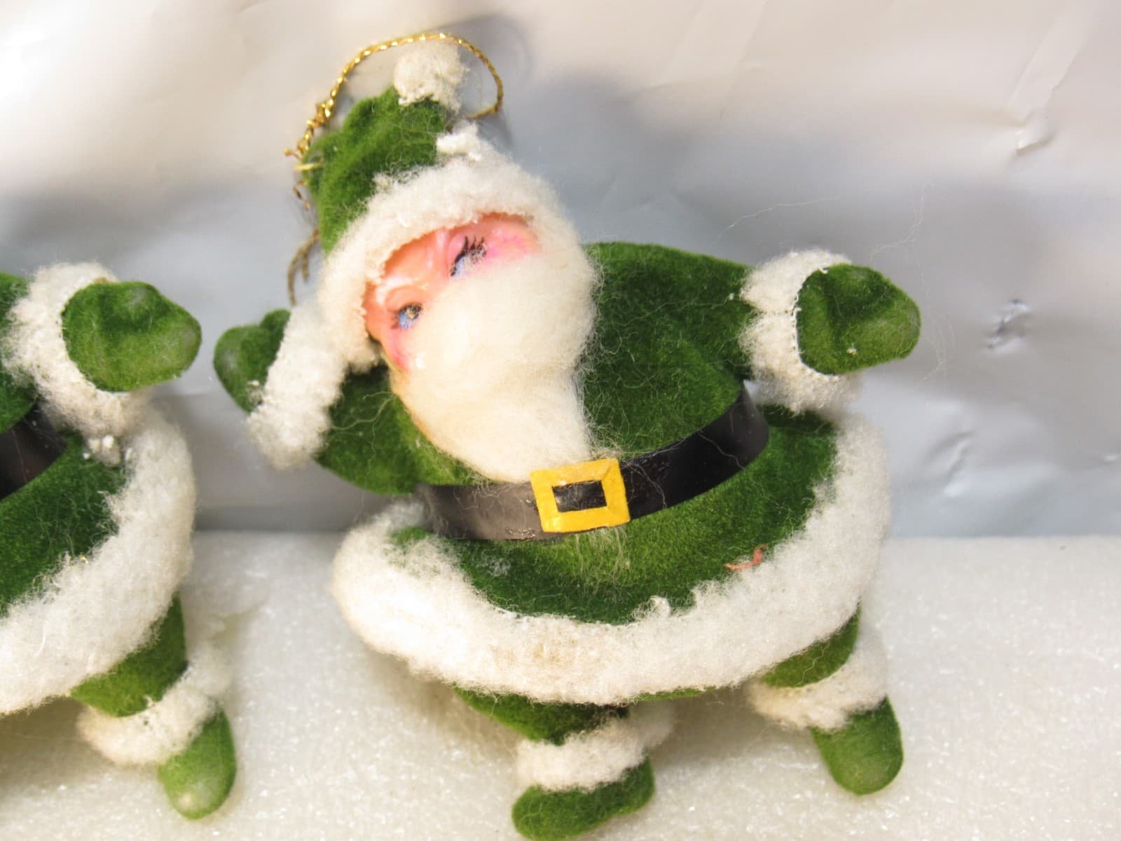 2 Vtg GREEN DANCING SANTA CLAUS Flocked Christmas Ornament Soft Plastic 4" D54JJ - Thumbnail 3