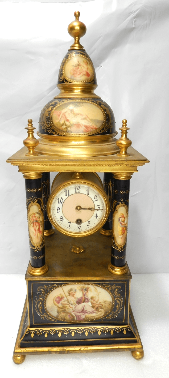 Vintage Royal Vienna Cobalt Porcelain Four-Column Portico Mantle Clock (F42JJ)