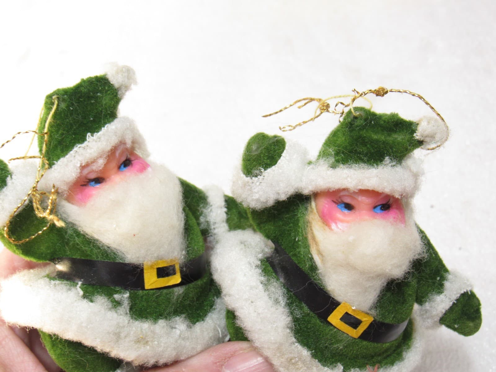 2 Vtg GREEN DANCING SANTA CLAUS Flocked Christmas Ornament Soft Plastic 4" D54JJ - Thumbnail 7