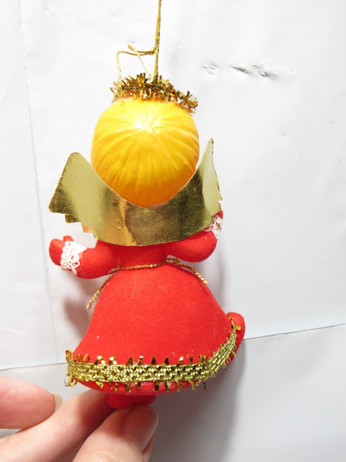 Vintage Christmas Felt Angel Flocked Ornament Japan 4" Red Dress (D49JJ) - Thumbnail 5