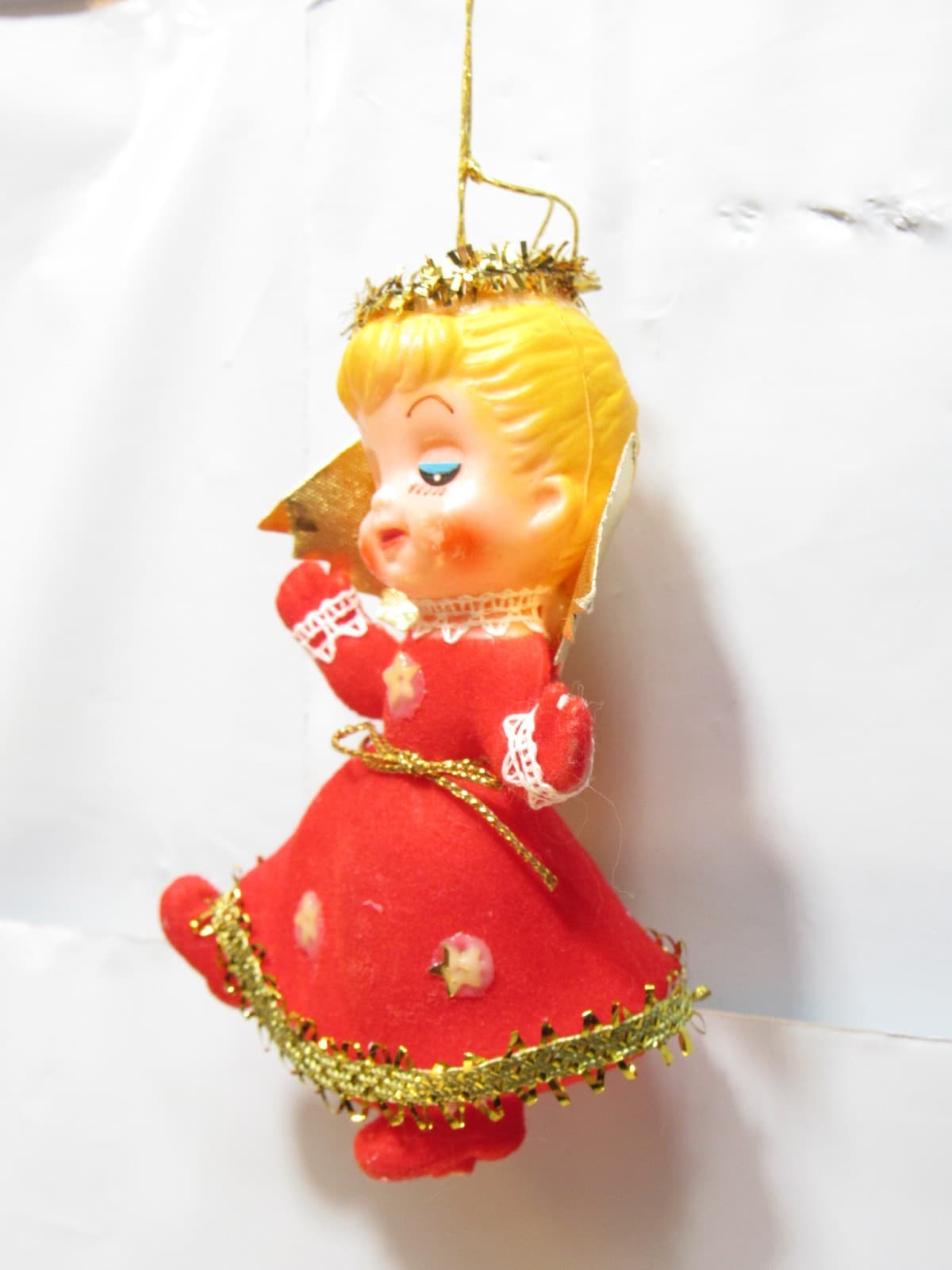 Vintage Christmas Felt Angel Flocked Ornament Japan 4" Red Dress (D49JJ) - Thumbnail 3