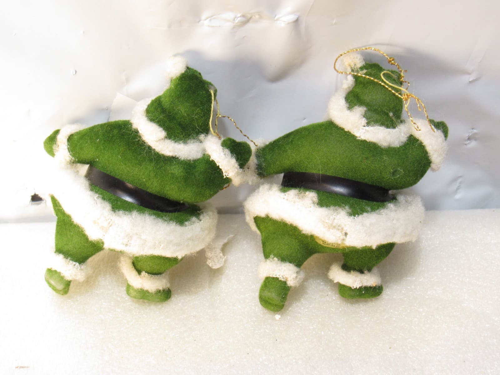 2 Vtg GREEN DANCING SANTA CLAUS Flocked Christmas Ornament Soft Plastic 4" D54JJ - Thumbnail 4