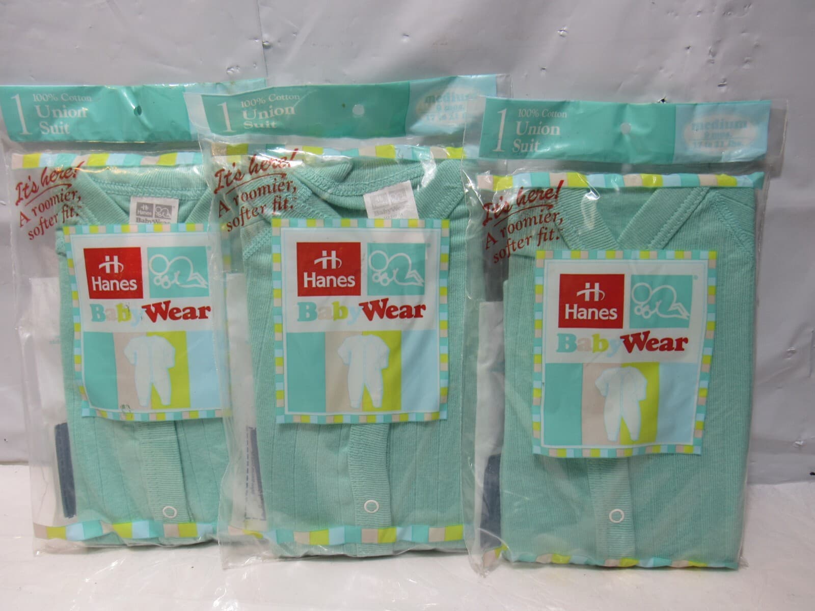 3 New Hanes Baby Wear Light Green Baby Infant Union Suit Sleeper 9 Month Med R88